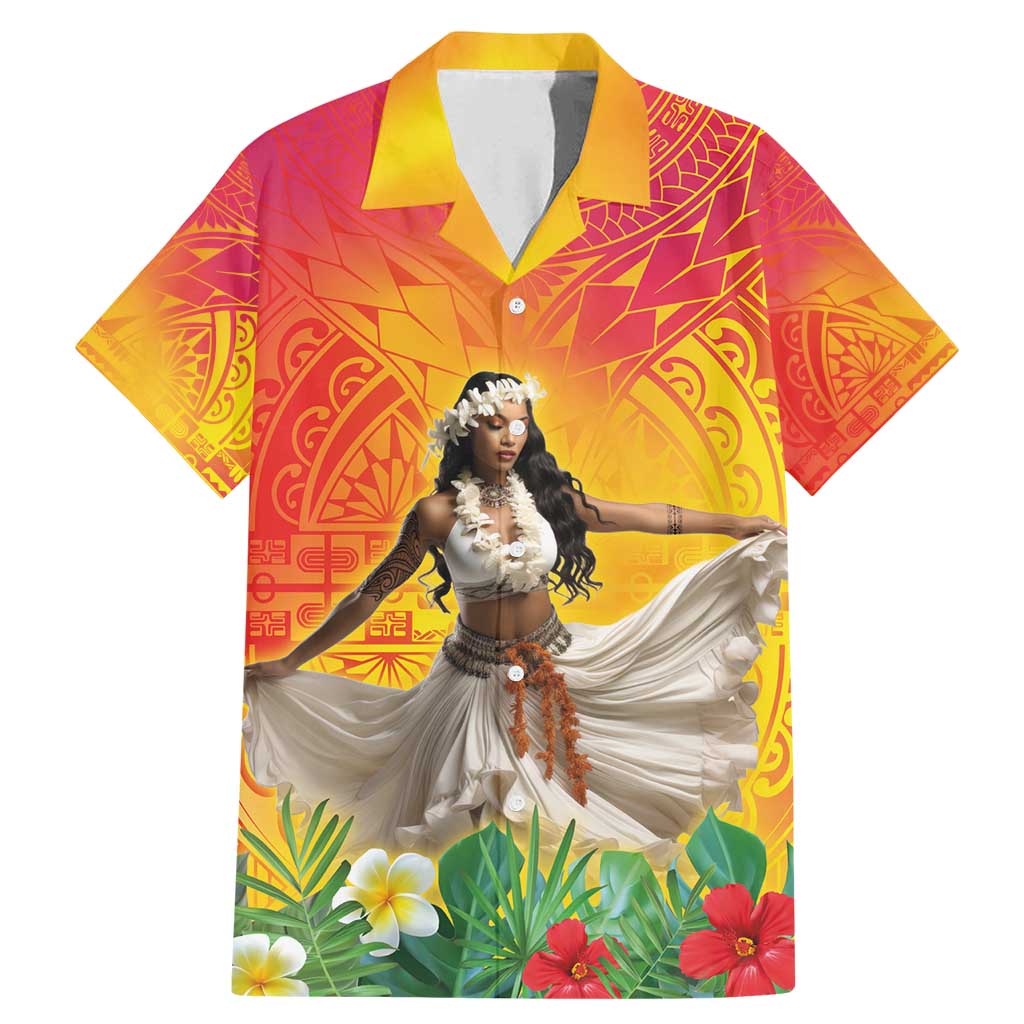 Woman Polynesian Tattoos Family Matching Mermaid Dress and Hawaiian Shirt Tropical Flower - Vibrant Hot Color LT03 Dad's Shirt - Short Sleeve Vibrant Gradient - Polynesian Pride