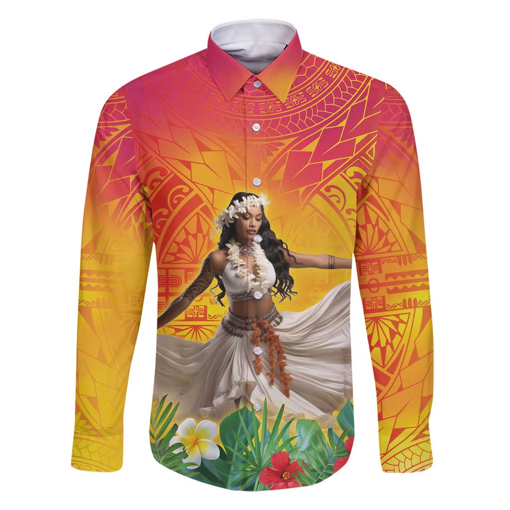 Woman Polynesian Tattoos Family Matching Mermaid Dress and Hawaiian Shirt Tropical Flower - Vibrant Hot Color LT03 Dad's Shirt - Long Sleeve Vibrant Gradient - Polynesian Pride