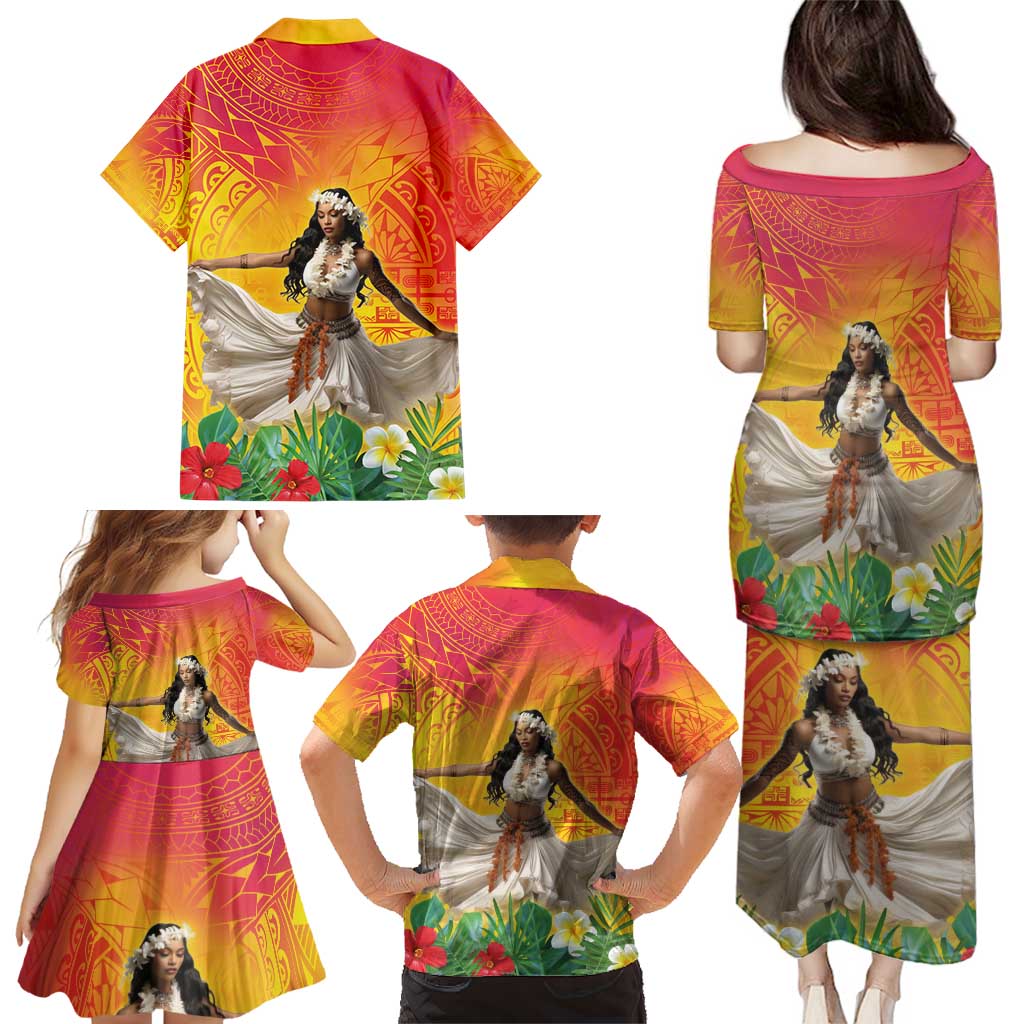 Woman Polynesian Tattoos Family Matching Puletasi and Hawaiian Shirt Tropical Flower - Vibrant Hot Color LT03 - Polynesian Pride