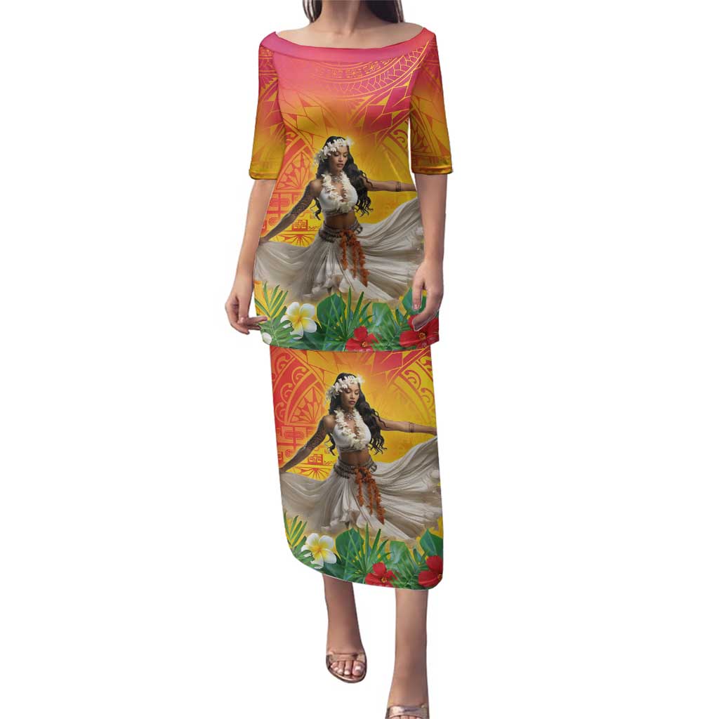 Woman Polynesian Tattoos Family Matching Puletasi and Hawaiian Shirt Tropical Flower - Vibrant Hot Color LT03 Mom's Dress Vibrant Gradient - Polynesian Pride
