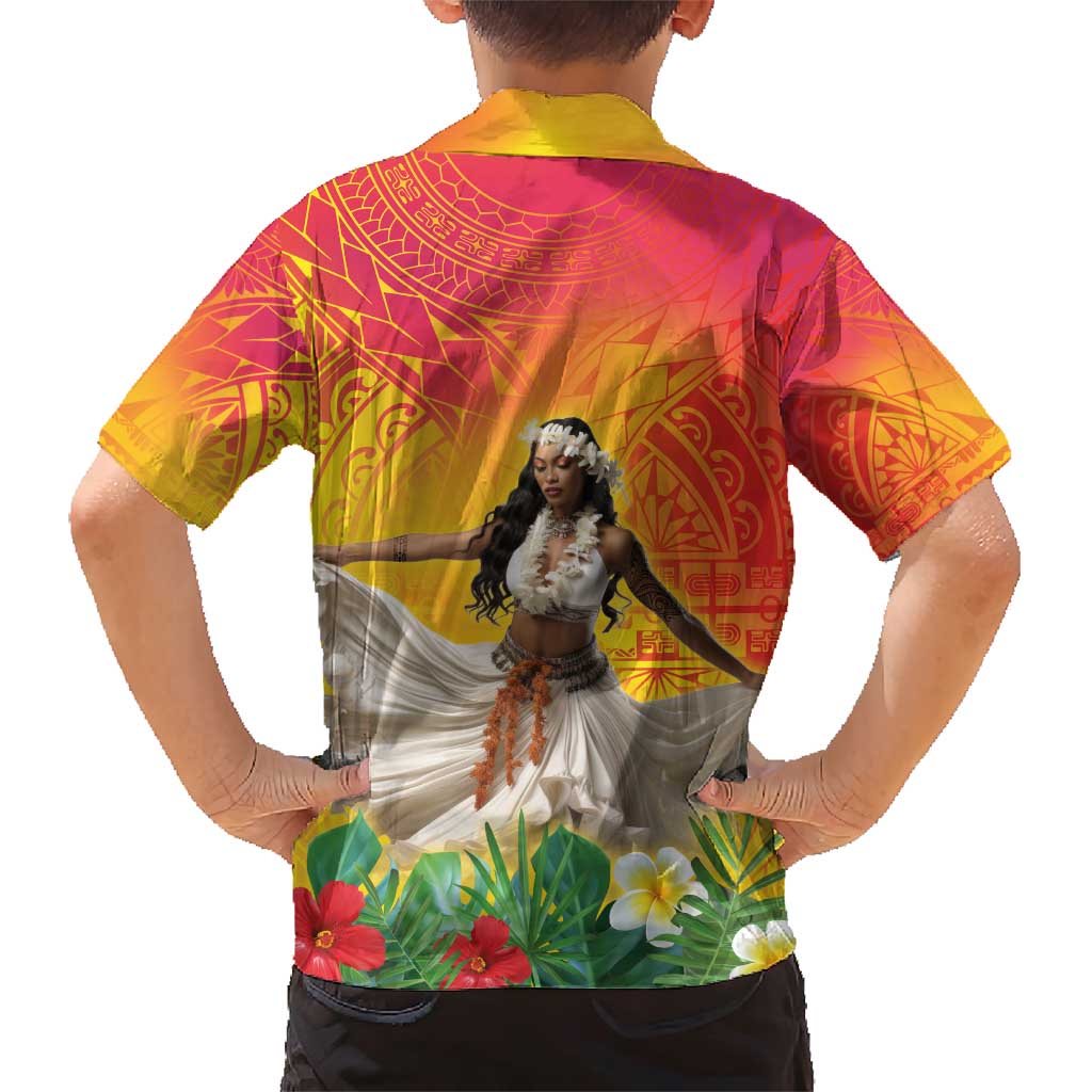 Woman Polynesian Tattoos Family Matching Short Sleeve Bodycon Dress and Hawaiian Shirt Tropical Flower - Vibrant Hot Color LT03 - Polynesian Pride