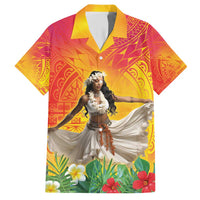 Woman Polynesian Tattoos Family Matching Short Sleeve Bodycon Dress and Hawaiian Shirt Tropical Flower - Vibrant Hot Color LT03 Dad's Shirt - Short Sleeve Vibrant Gradient - Polynesian Pride
