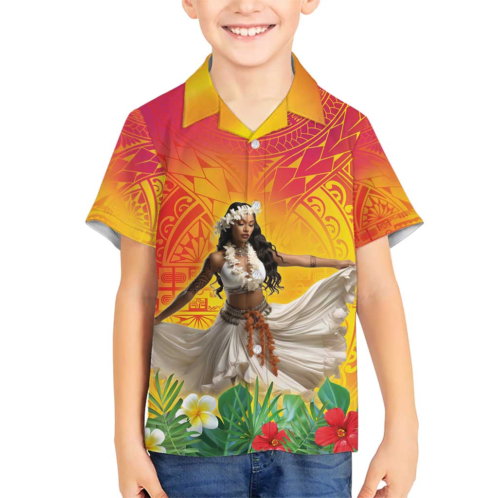 Woman Polynesian Tattoos Family Matching Short Sleeve Bodycon Dress and Hawaiian Shirt Tropical Flower - Vibrant Hot Color LT03 Son's Shirt Vibrant Gradient - Polynesian Pride