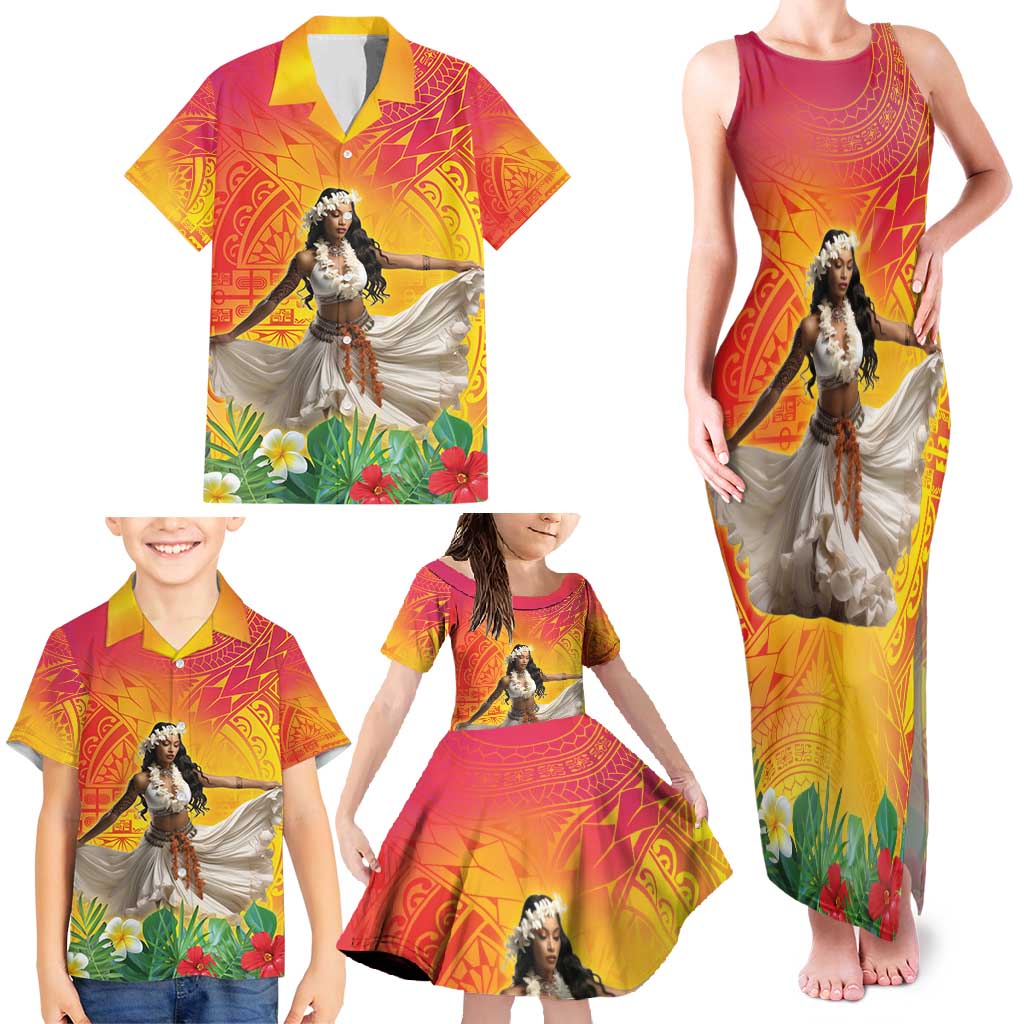 Woman Polynesian Tattoos Family Matching Tank Maxi Dress and Hawaiian Shirt Tropical Flower - Vibrant Hot Color