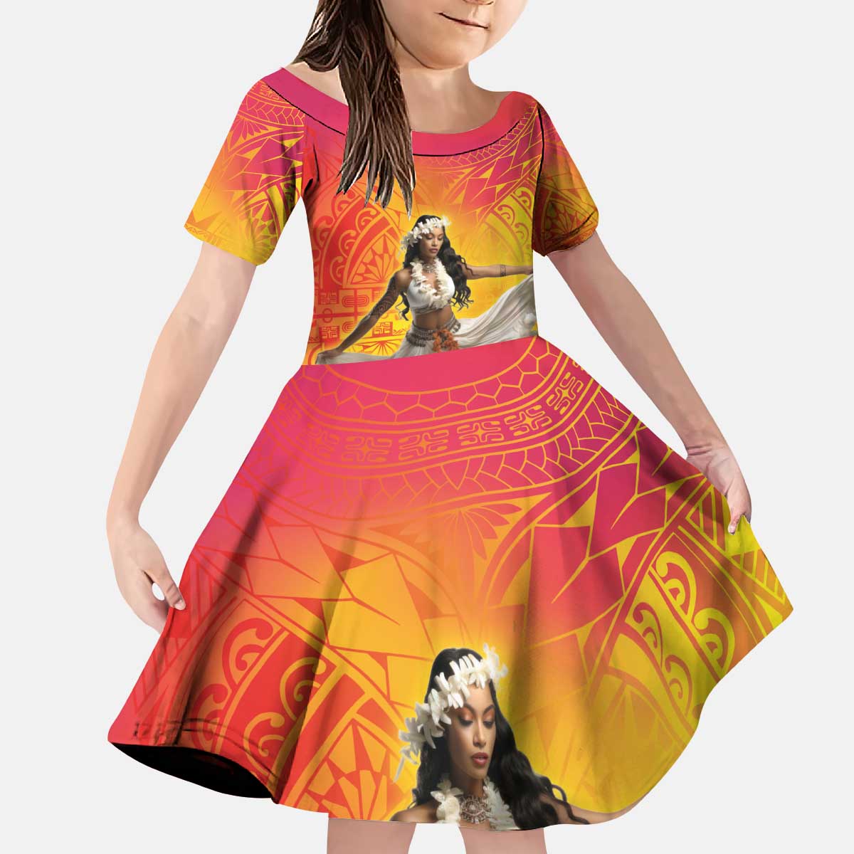 Woman Polynesian Tattoos Kid Short Sleeve Dress Tropical Flower - Vibrant Hot Color