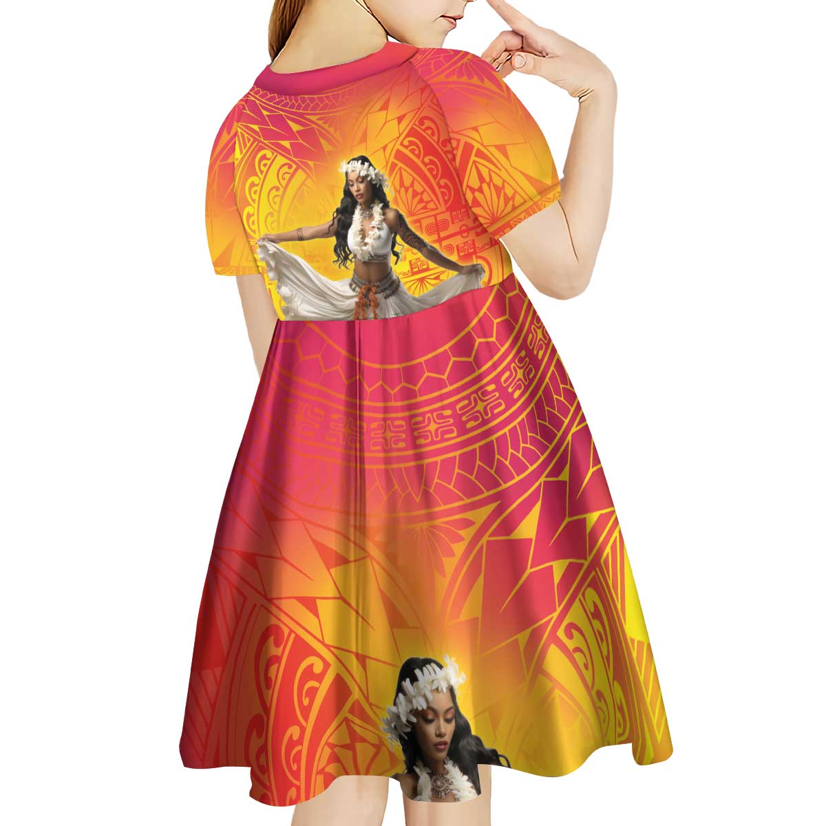 Woman Polynesian Tattoos Kid Short Sleeve Dress Tropical Flower - Vibrant Hot Color