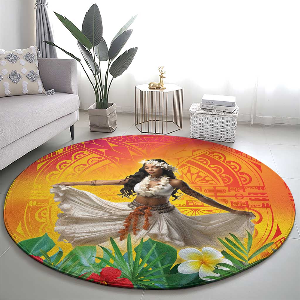Woman Polynesian Tattoos Round Carpet Tropical Flower - Vibrant Hot Color