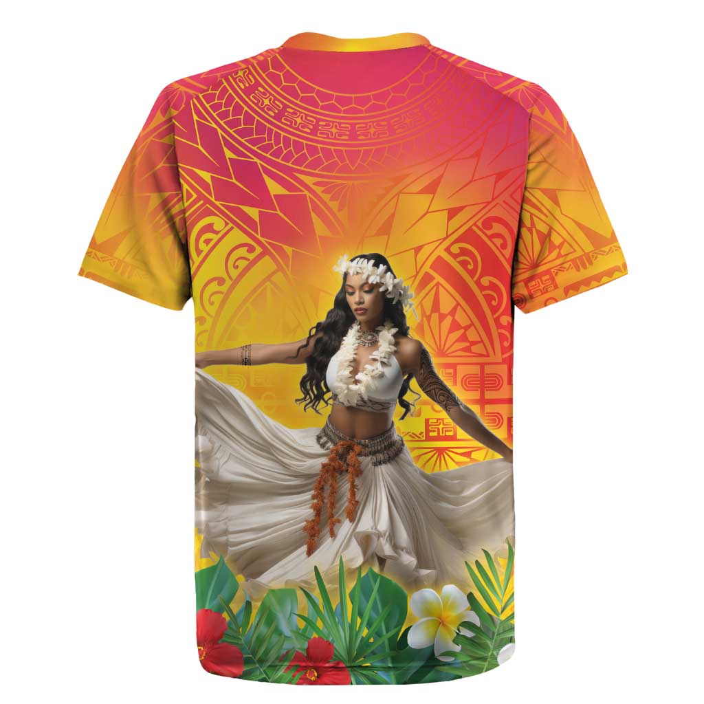 Woman Polynesian Tattoos Rugby Jersey Tropical Flower - Vibrant Hot Color