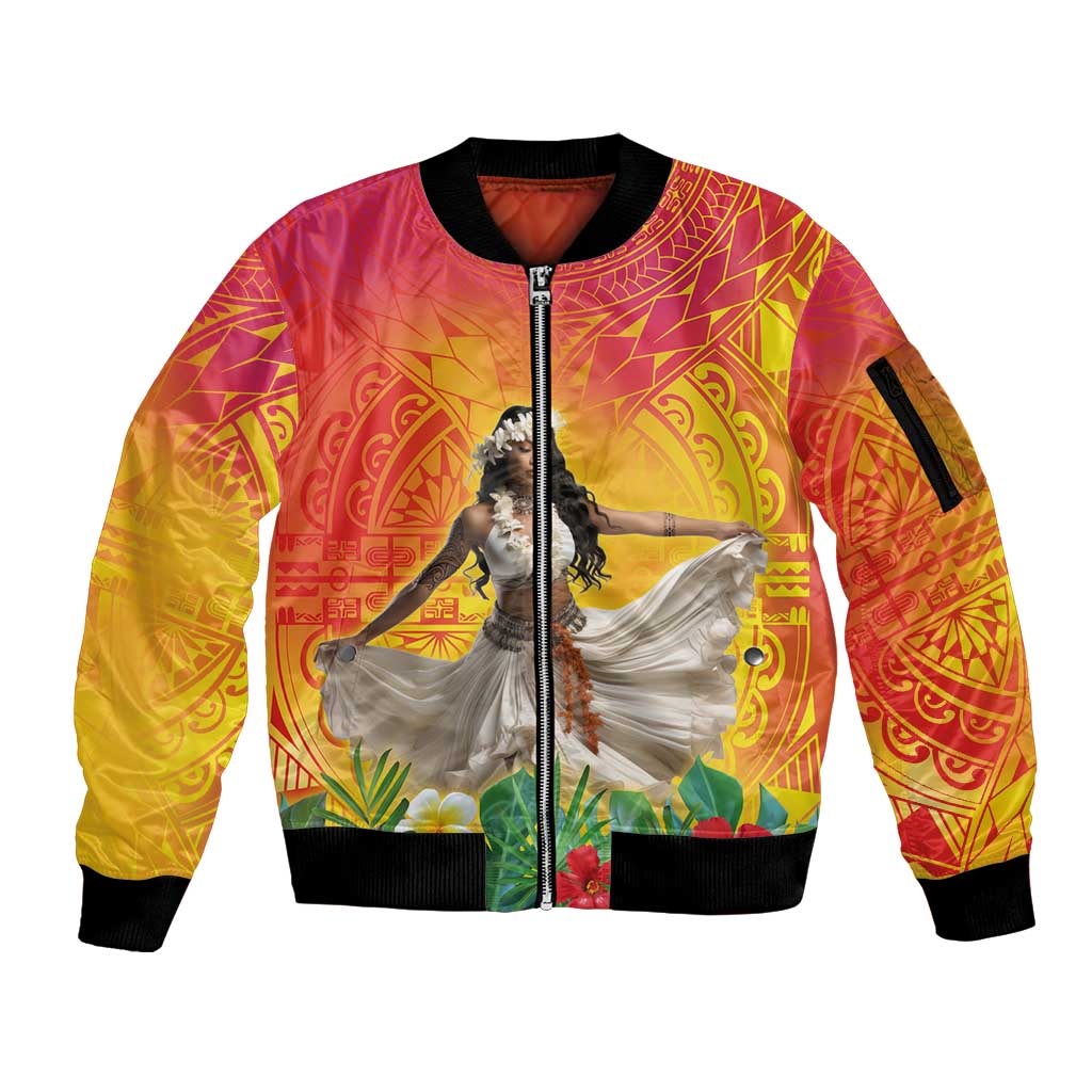 Woman Polynesian Tattoos Sleeve Zip Bomber Jacket Tropical Flower - Vibrant Hot Color