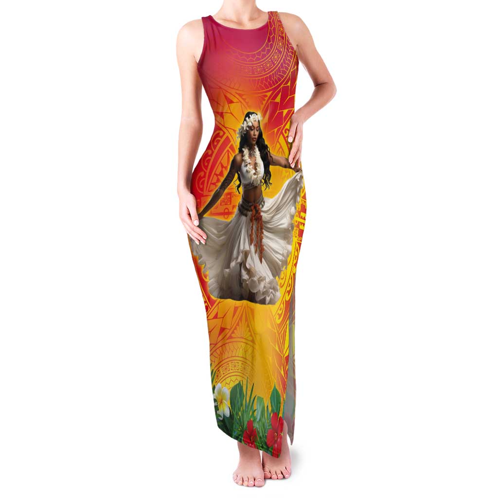 Woman Polynesian Tattoos Tank Maxi Dress Tropical Flower - Vibrant Hot Color