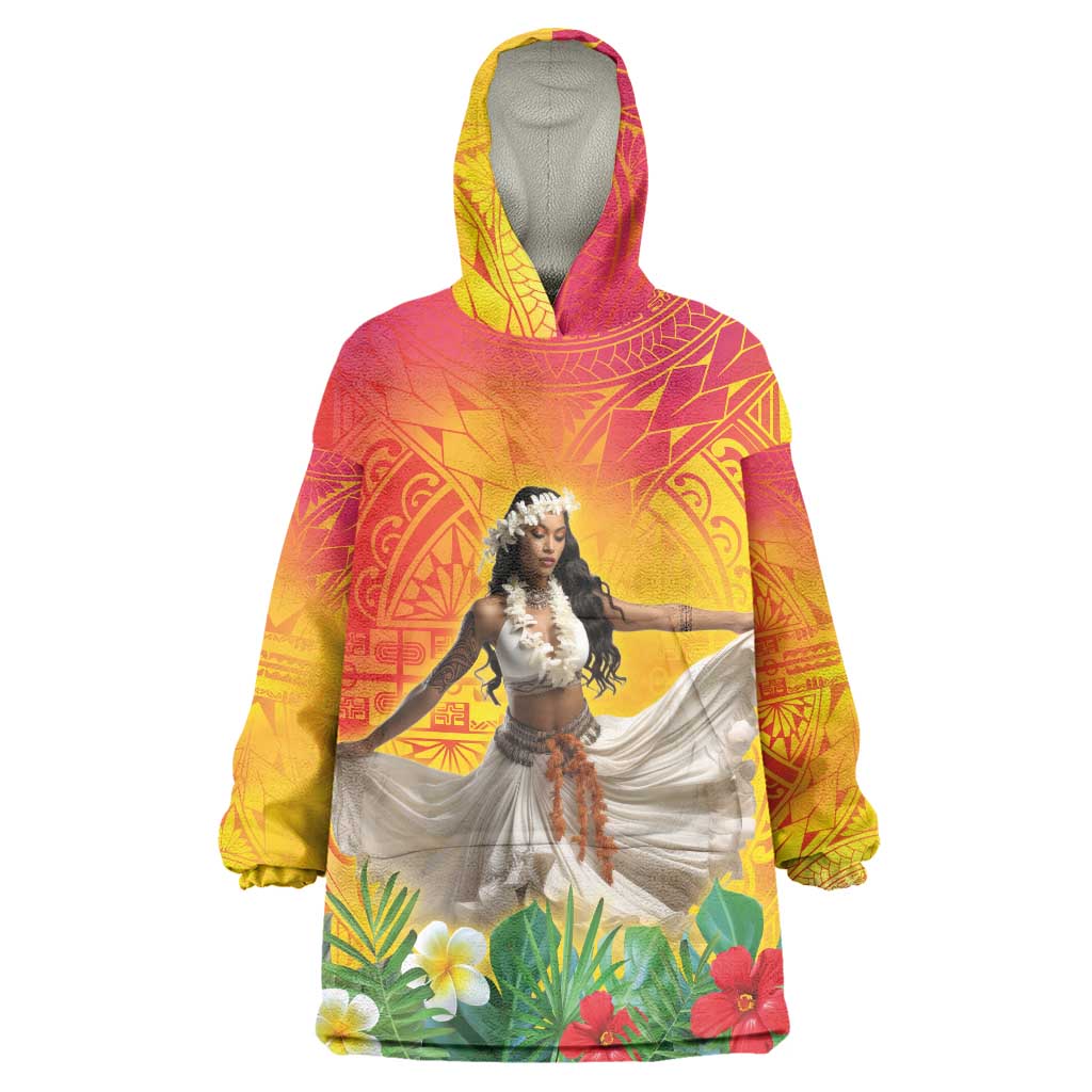 Woman Polynesian Tattoos Wearable Blanket Hoodie Tropical Flower - Vibrant Hot Color