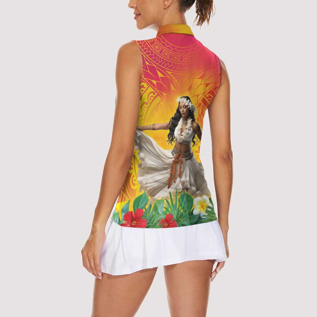 Woman Polynesian Tattoos Women Sleeveless Polo Shirt Tropical Flower - Vibrant Hot Color LT03 - Polynesian Pride
