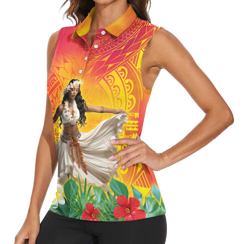 Woman Polynesian Tattoos Women Sleeveless Polo Shirt Tropical Flower - Vibrant Hot Color LT03 - Polynesian Pride