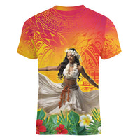 Woman Polynesian Tattoos Women V-Neck T-Shirt Tropical Flower - Vibrant Hot Color LT03 - Polynesian Pride