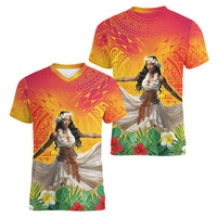 Woman Polynesian Tattoos Women V-Neck T-Shirt Tropical Flower - Vibrant Hot Color LT03 - Polynesian Pride