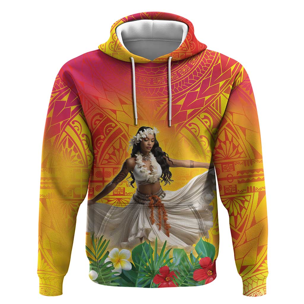 Woman Polynesian Tattoos Zip Hoodie Tropical Flower - Vibrant Hot Color