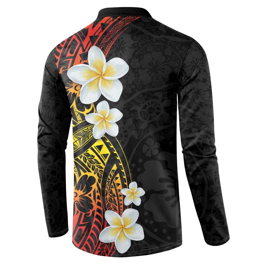 Plumeria Button Sweatshirt Polynesian Tribal Frangipani Sunset