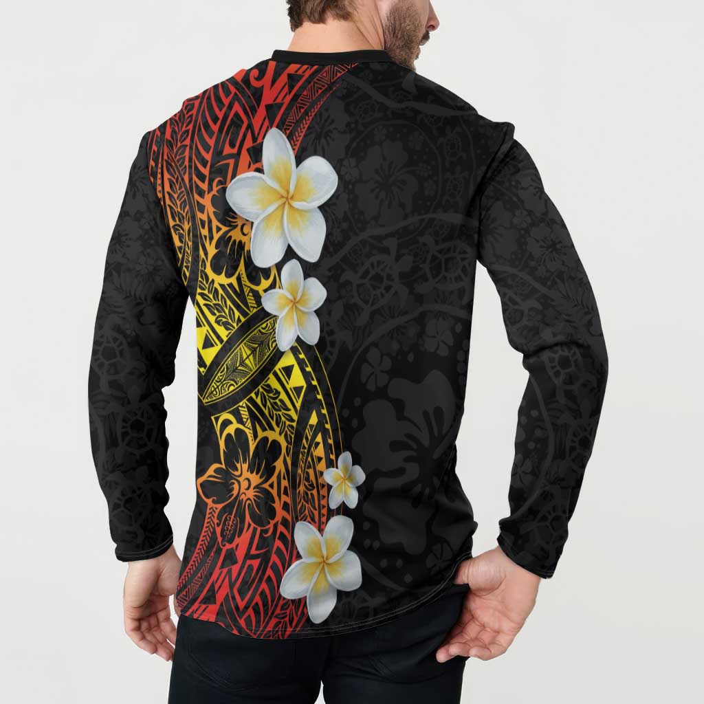 Plumeria Button Sweatshirt Polynesian Tribal Frangipani Sunset