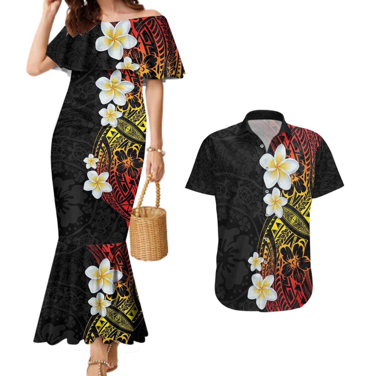 Plumeria Couples Matching Mermaid Dress and Hawaiian Shirt Polynesian Tribal Frangipani Sunset LT03 Black - Polynesian Pride
