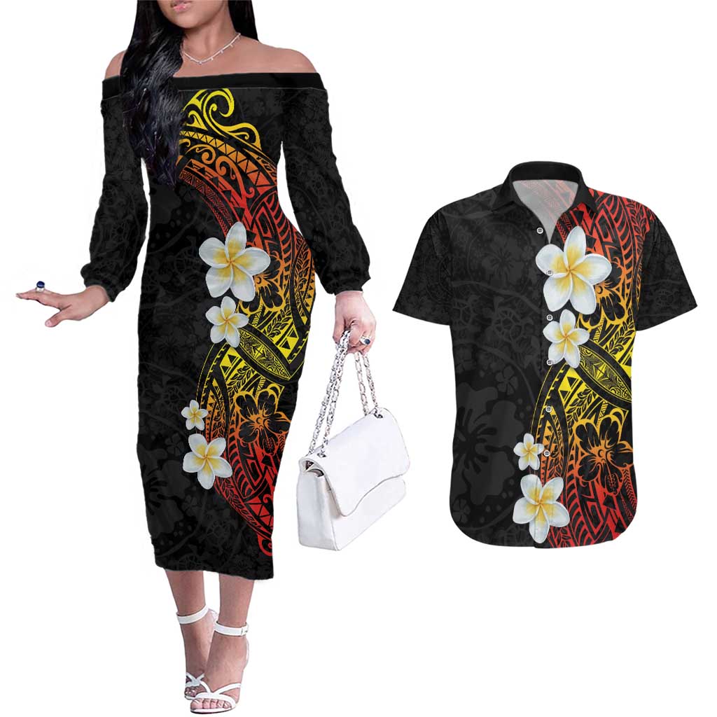 Plumeria Couples Matching Off The Shoulder Long Sleeve Dress and Hawaiian Shirt Polynesian Tribal Frangipani Sunset LT03 Black - Polynesian Pride