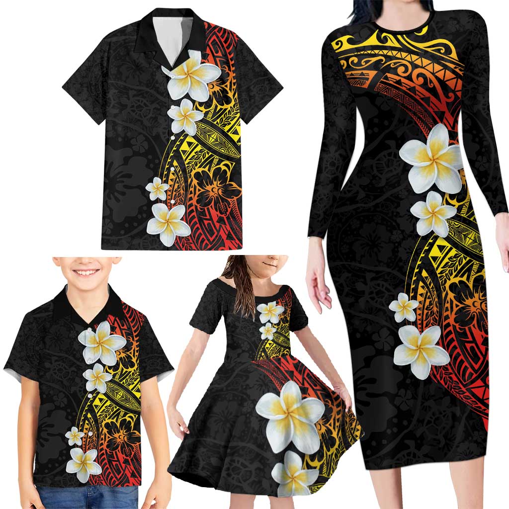 Plumeria Family Matching Long Sleeve Bodycon Dress and Hawaiian Shirt Polynesian Tribal Frangipani Sunset LT03 - Polynesian Pride