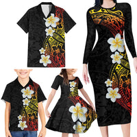 Plumeria Family Matching Long Sleeve Bodycon Dress and Hawaiian Shirt Polynesian Tribal Frangipani Sunset LT03 - Polynesian Pride