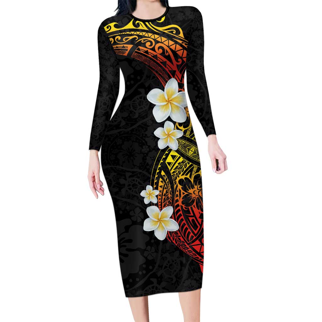 Plumeria Family Matching Long Sleeve Bodycon Dress and Hawaiian Shirt Polynesian Tribal Frangipani Sunset LT03 Mom's Dress Black - Polynesian Pride