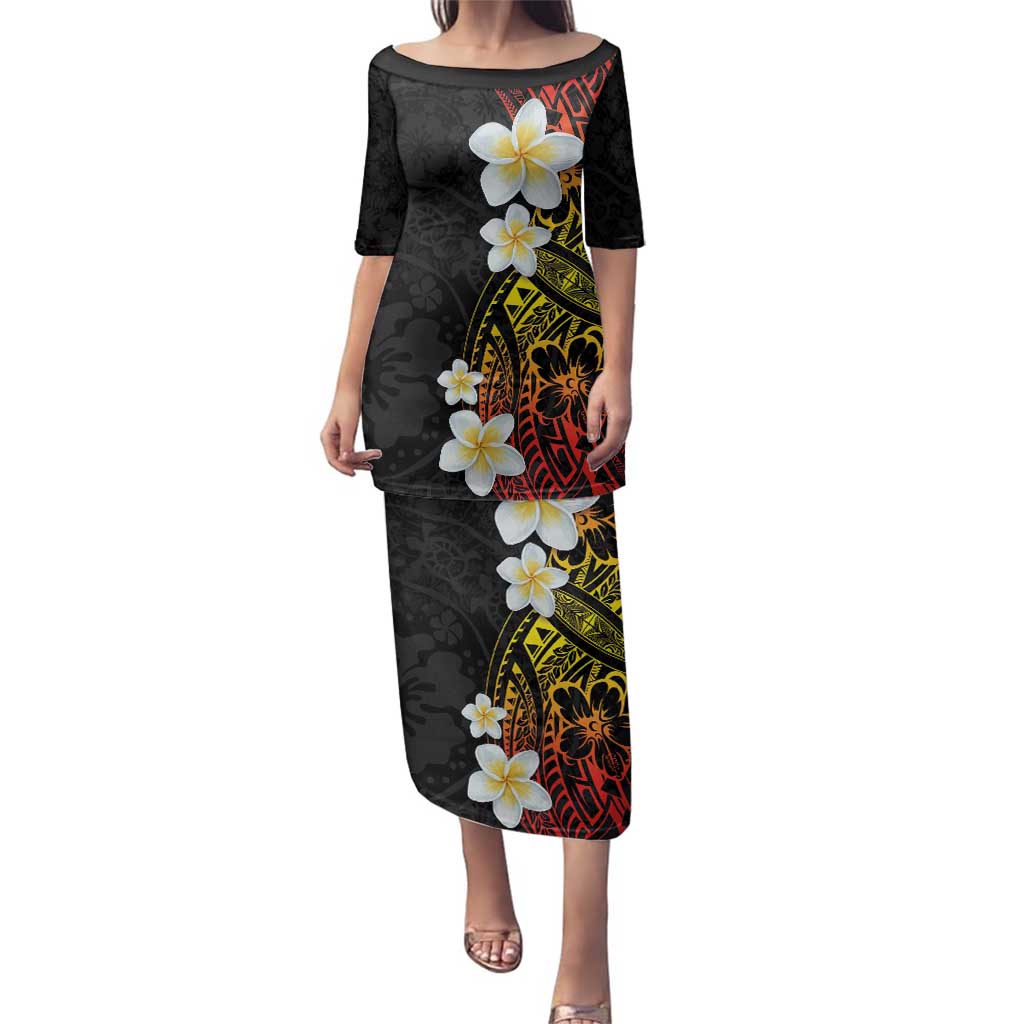 Plumeria Family Matching Puletasi and Hawaiian Shirt Polynesian Tribal Frangipani Sunset LT03 Mom's Dress Black - Polynesian Pride