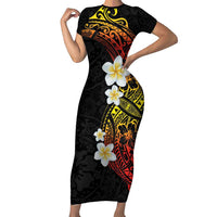 Plumeria Family Matching Short Sleeve Bodycon Dress and Hawaiian Shirt Polynesian Tribal Frangipani Sunset LT03 Mom's Dress Black - Polynesian Pride