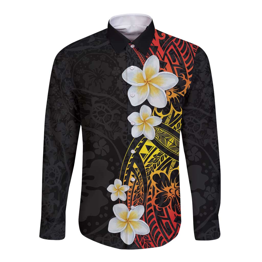 Plumeria Long Sleeve Button Shirt Polynesian Tribal Frangipani Sunset