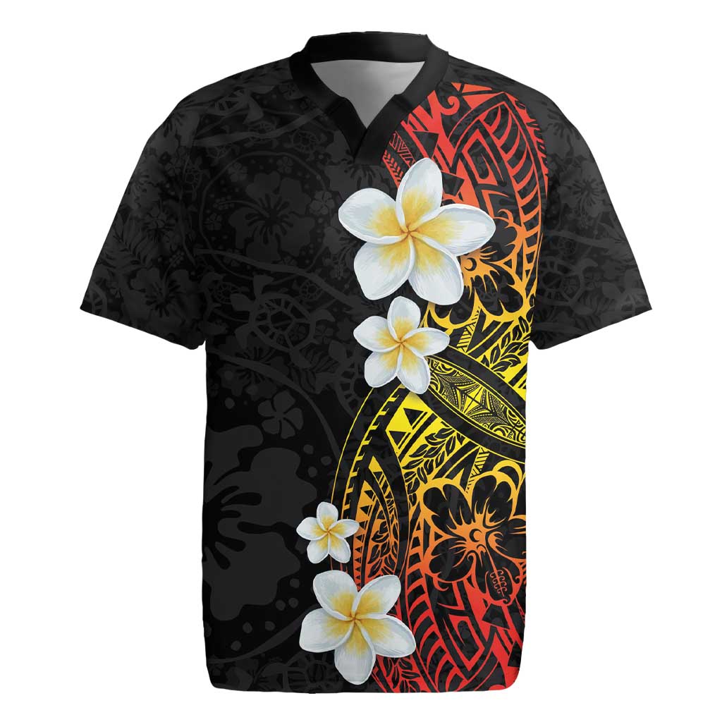 Plumeria Rugby Jersey Polynesian Tribal Frangipani Sunset