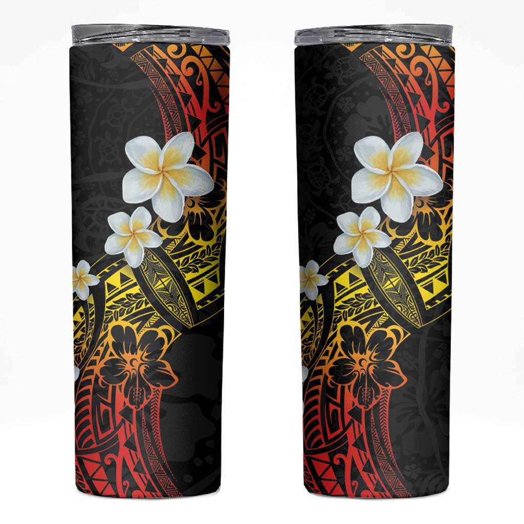 Polynesian Tattoos Frangipani Skinny Tumbler Hibiscus Turtles and Tribal Motifs Vintage Floral - Sunset Color