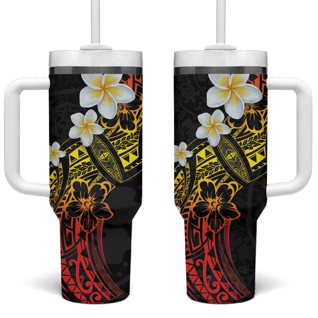 Polynesian Tattoos Frangipani Tumbler With Handle Hibiscus Turtles and Tribal Motifs Vintage Floral - Sunset Color