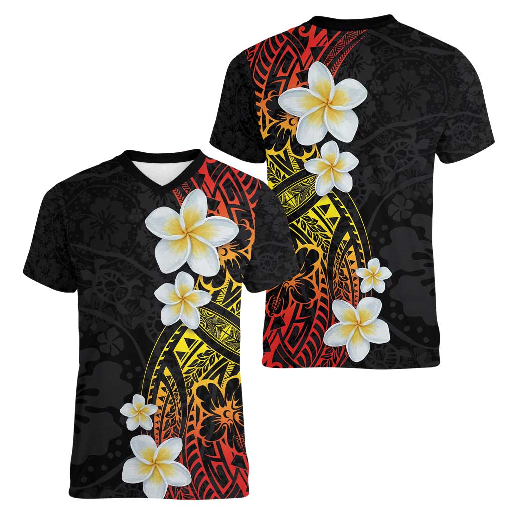 Plumeria Women V-Neck T-Shirt Polynesian Tribal Frangipani Sunset LT03 - Polynesian Pride