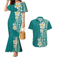 Plumeria Couples Matching Mermaid Dress and Hawaiian Shirt Polynesian Tribal Frangipani Teal LT03 Teal - Polynesian Pride