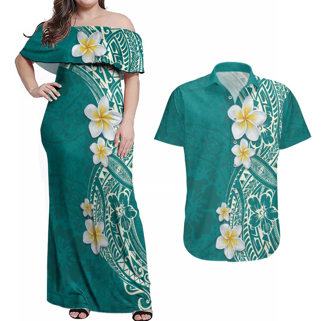 Plumeria Couples Matching Off Shoulder Maxi Dress and Hawaiian Shirt Polynesian Tribal Frangipani Teal