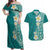 Plumeria Couples Matching Off Shoulder Maxi Dress and Hawaiian Shirt Polynesian Tribal Frangipani Teal