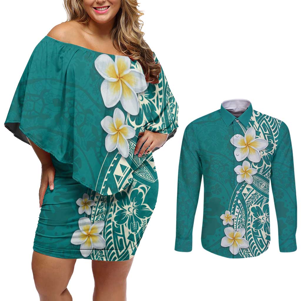 Plumeria Couples Matching Off Shoulder Short Dress and Long Sleeve Button Shirt Polynesian Tribal Frangipani Teal LT03 Teal - Polynesian Pride