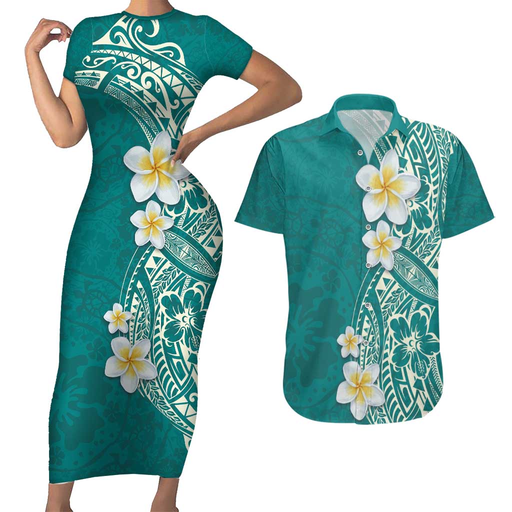 Plumeria Couples Matching Short Sleeve Bodycon Dress and Hawaiian Shirt Polynesian Tribal Frangipani Teal