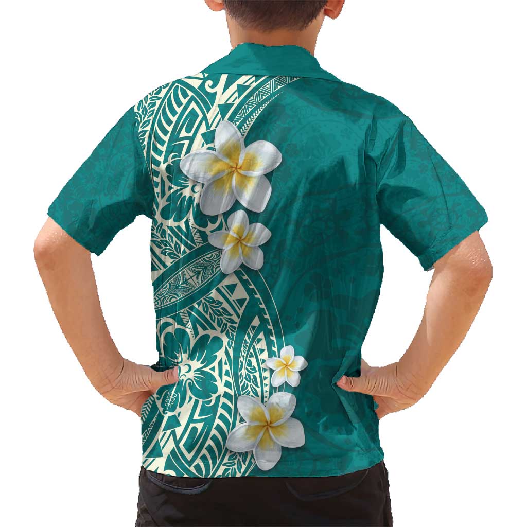 Plumeria Family Matching Long Sleeve Bodycon Dress and Hawaiian Shirt Polynesian Tribal Frangipani Teal LT03 - Polynesian Pride