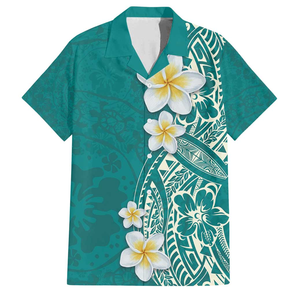 Plumeria Family Matching Long Sleeve Bodycon Dress and Hawaiian Shirt Polynesian Tribal Frangipani Teal LT03 Dad's Shirt - Short Sleeve Teal - Polynesian Pride