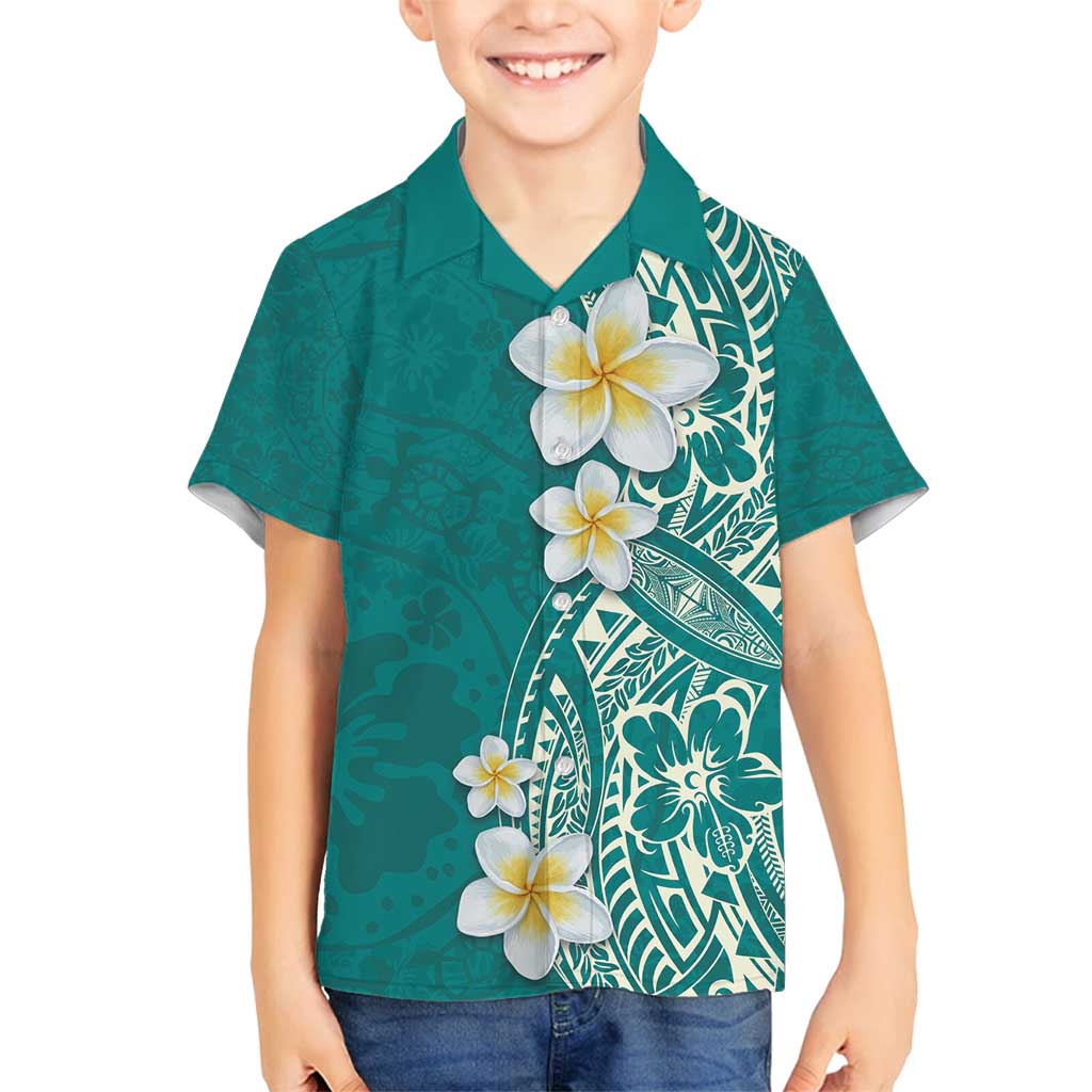 Plumeria Family Matching Long Sleeve Bodycon Dress and Hawaiian Shirt Polynesian Tribal Frangipani Teal LT03 Son's Shirt Teal - Polynesian Pride