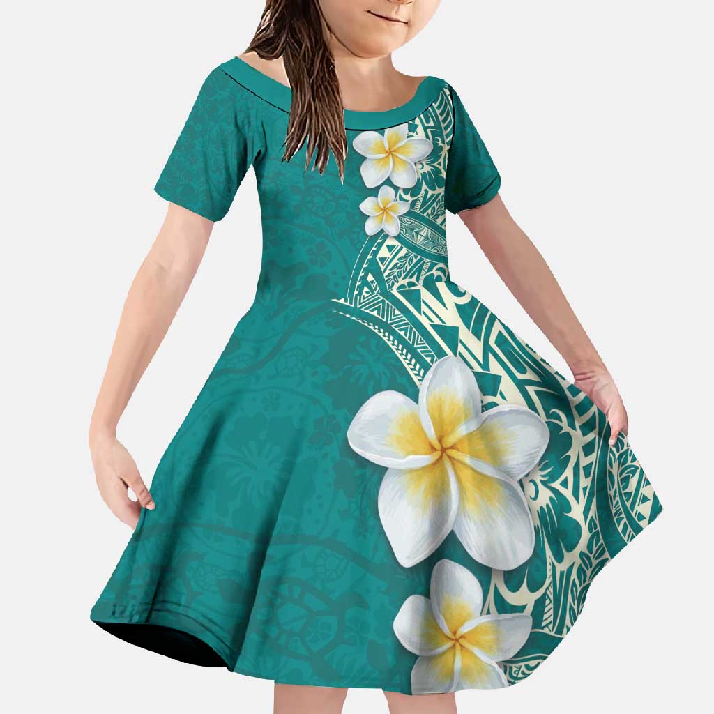 Plumeria Family Matching Mermaid Dress and Hawaiian Shirt Polynesian Tribal Frangipani Teal LT03 Daughter's Dress Teal - Polynesian Pride