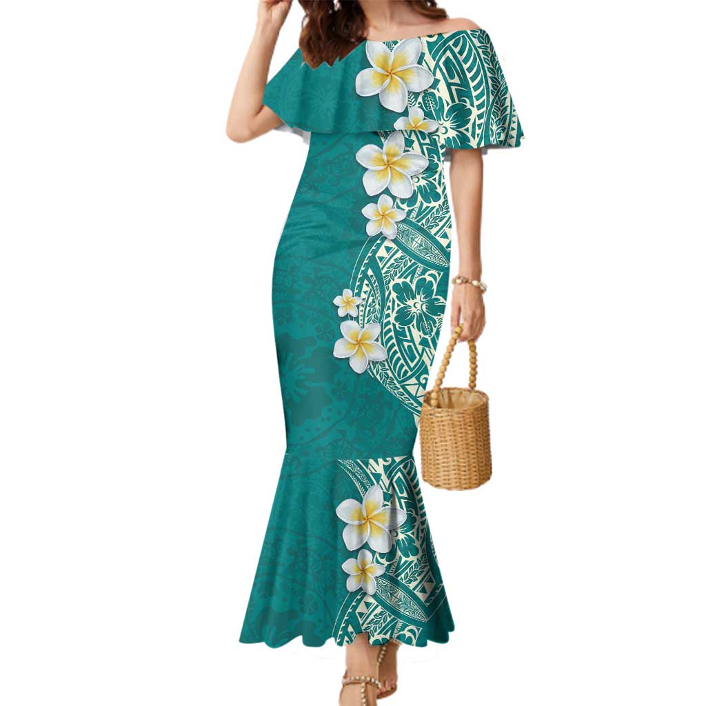 Plumeria Family Matching Mermaid Dress and Hawaiian Shirt Polynesian Tribal Frangipani Teal LT03 Mom's Dress Teal - Polynesian Pride