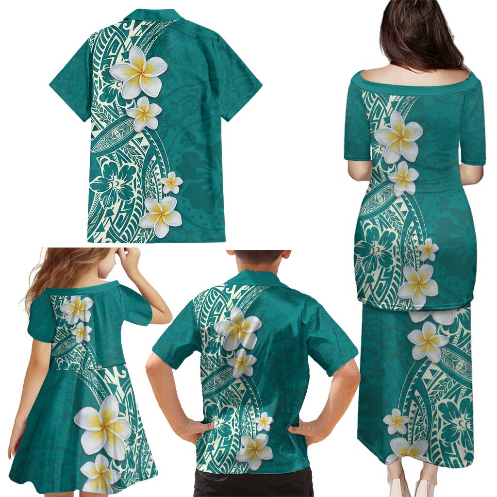 Plumeria Family Matching Puletasi and Hawaiian Shirt Polynesian Tribal Frangipani Teal LT03 - Polynesian Pride