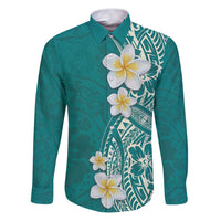 Plumeria Family Matching Puletasi and Hawaiian Shirt Polynesian Tribal Frangipani Teal LT03 Dad's Shirt - Long Sleeve Teal - Polynesian Pride