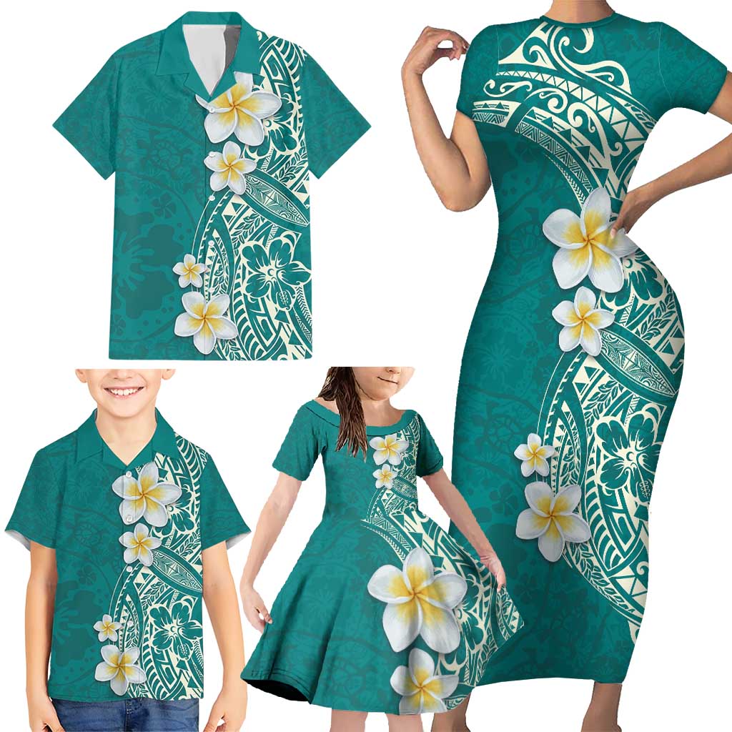 Plumeria Family Matching Short Sleeve Bodycon Dress and Hawaiian Shirt Polynesian Tribal Frangipani Teal LT03 - Polynesian Pride