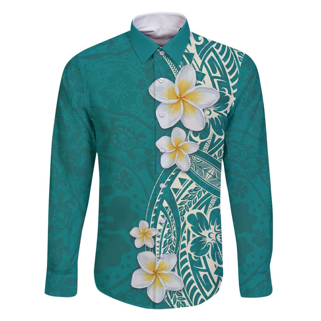 Plumeria Family Matching Short Sleeve Bodycon Dress and Hawaiian Shirt Polynesian Tribal Frangipani Teal LT03 Dad's Shirt - Long Sleeve Teal - Polynesian Pride