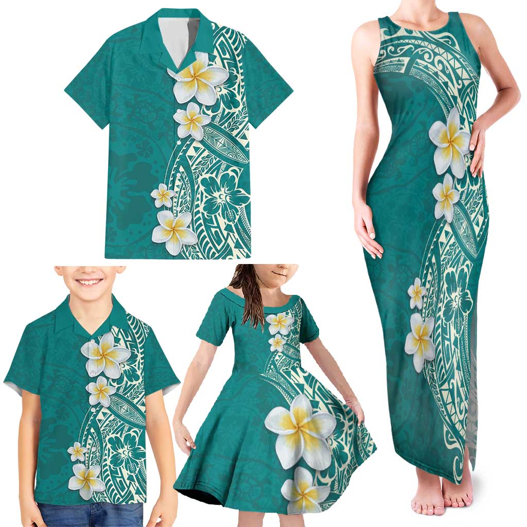 Plumeria Family Matching Tank Maxi Dress and Hawaiian Shirt Polynesian Tribal Frangipani Teal