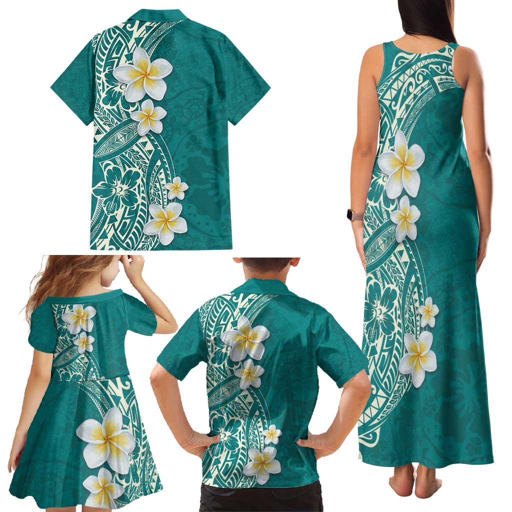 Plumeria Family Matching Tank Maxi Dress and Hawaiian Shirt Polynesian Tribal Frangipani Teal